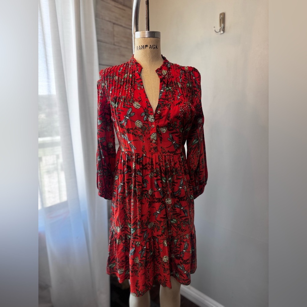 Anthropologie Red Pleated Soft flannel babydoll dress with Bishop Sleeves​
